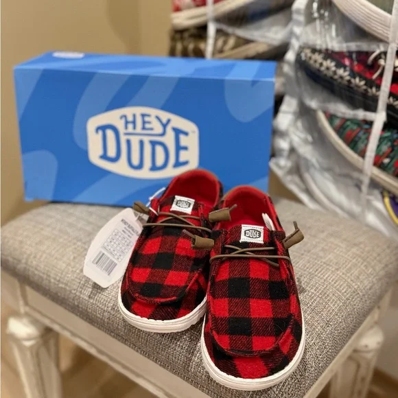 Hey Dude Red and Black Checkered Shoes - Picture 2 of 3